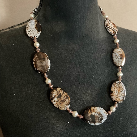 Jasper necklace. Handmade. Black, brown, white, gold. 25.5 inches long. - Picture 3 of 9